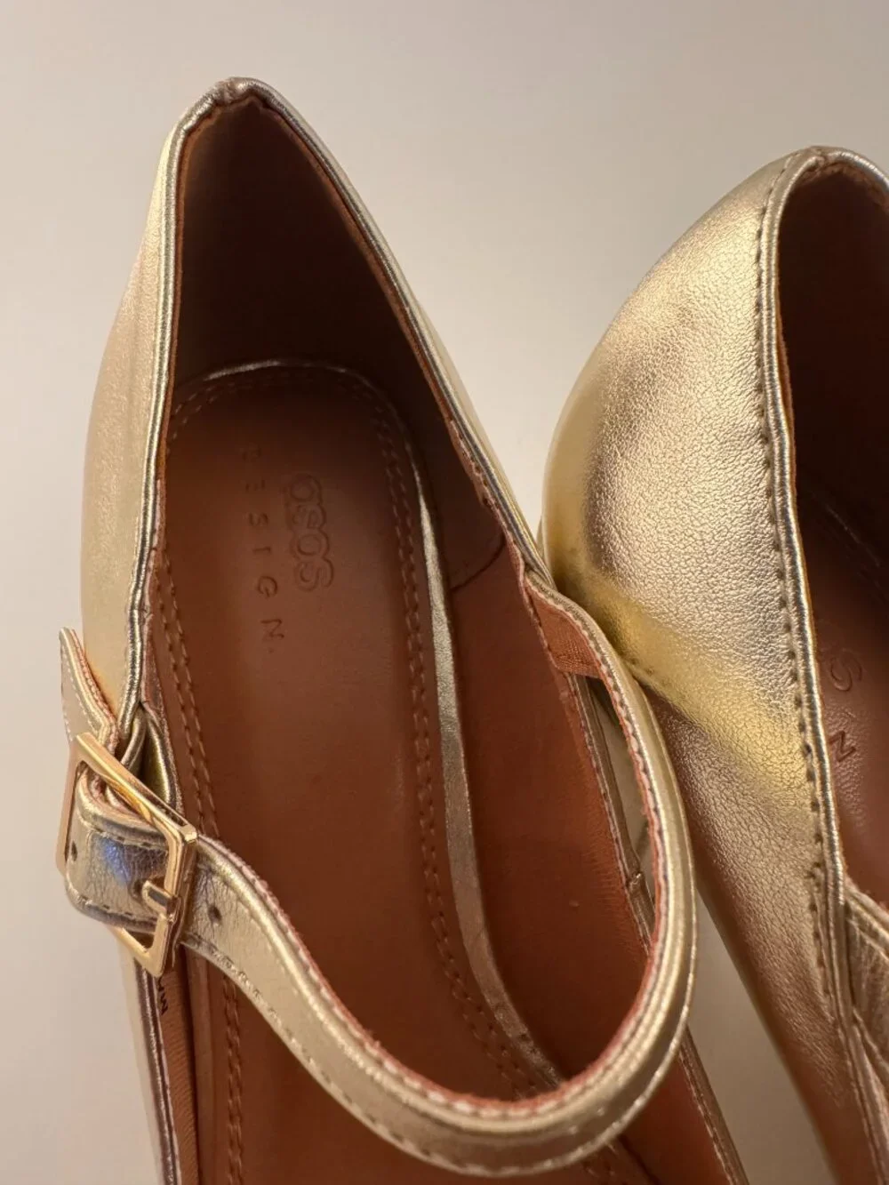 ASOS DESIGN Gold Metallic Mary Jane Block Heels Square Toe Buckle Pumps 7